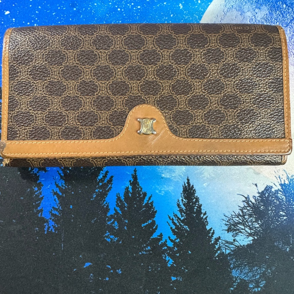 Celine Vintage Brown Macadam Wallet with Gold Accent